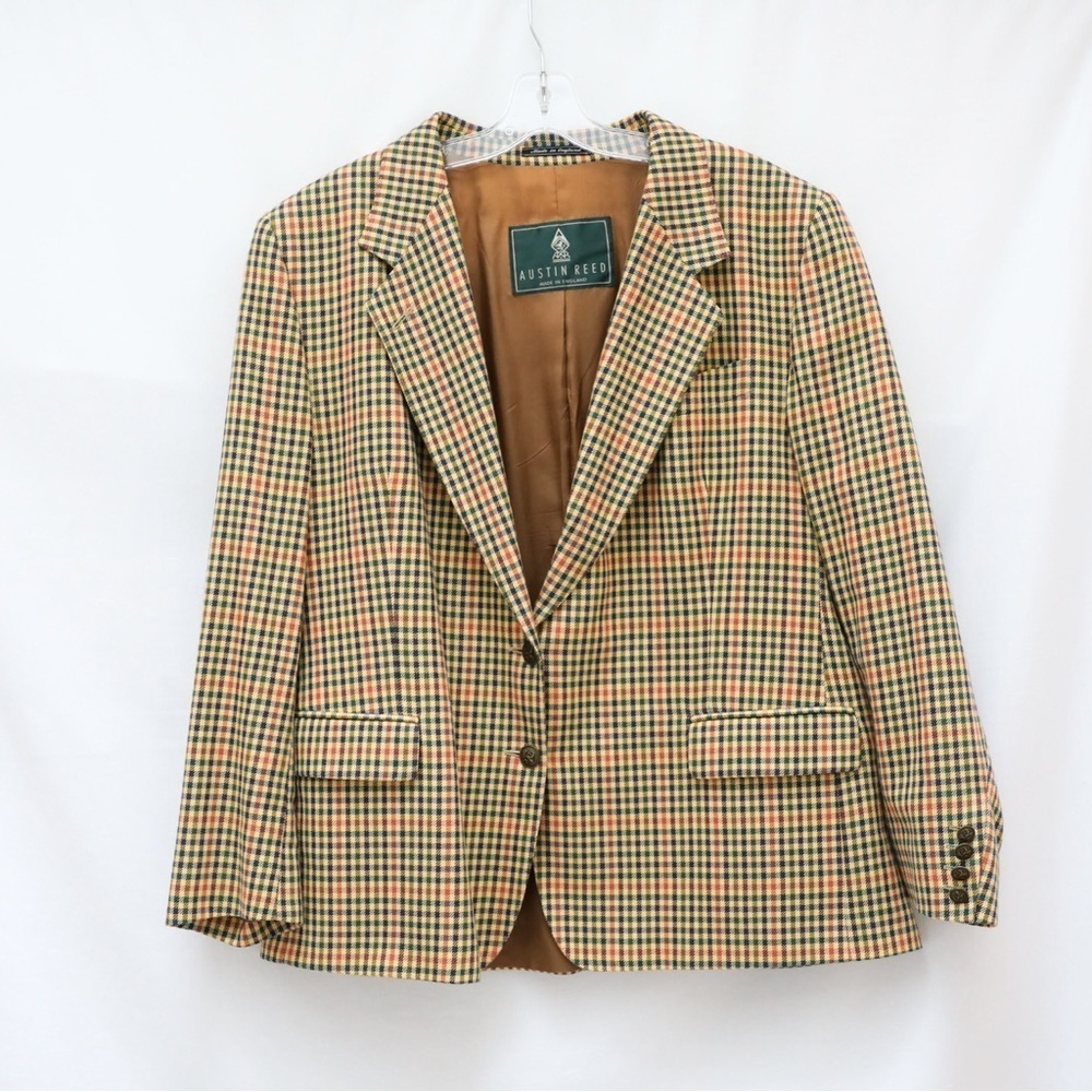 Austin Reed Double Button Classic Blazer Suit Jacket 14 Plaid Check Tan Academia
